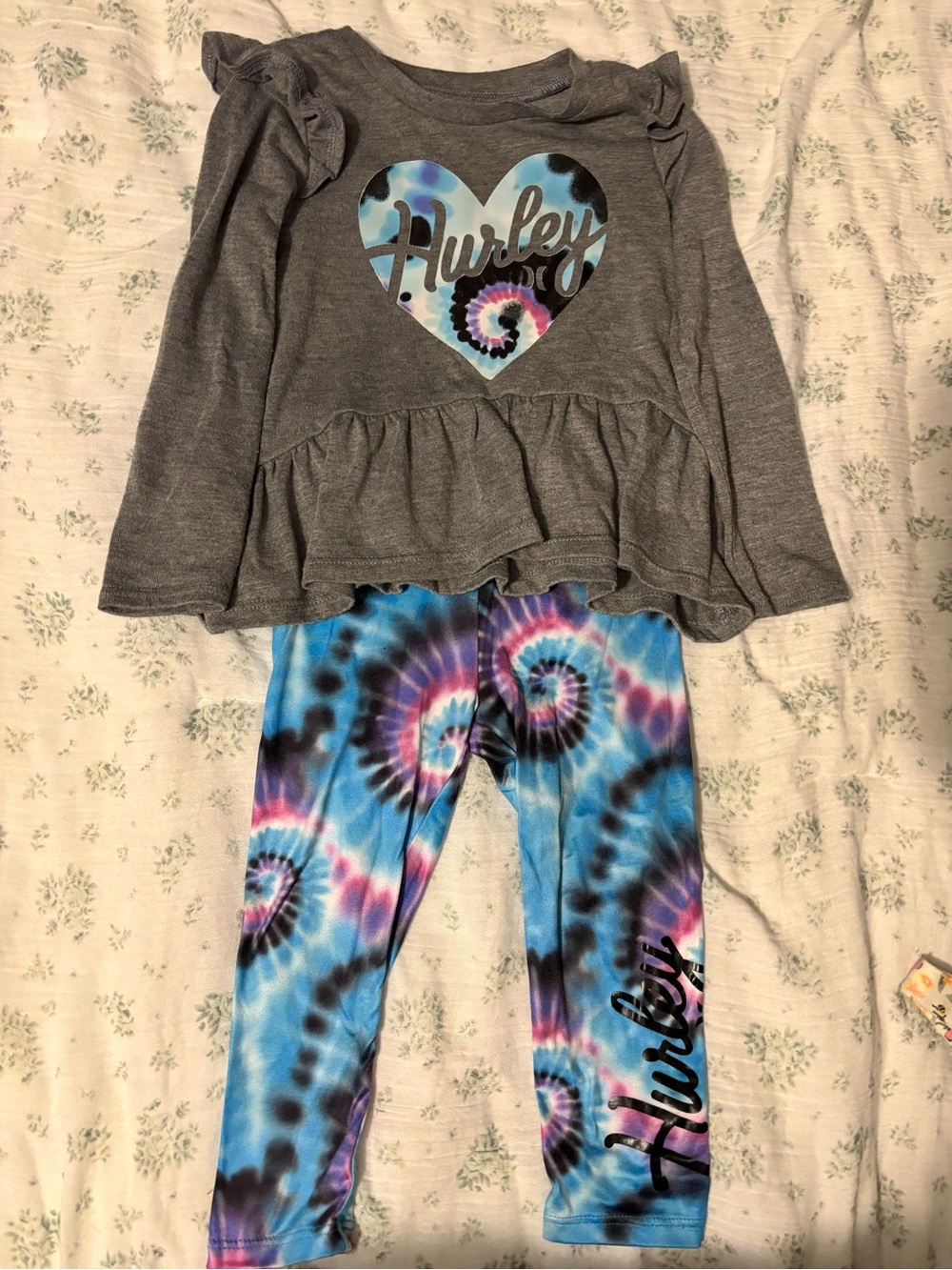 Hurley Gray Ruffle Top with Blue & Purple Tie-Dye Leggings Set
